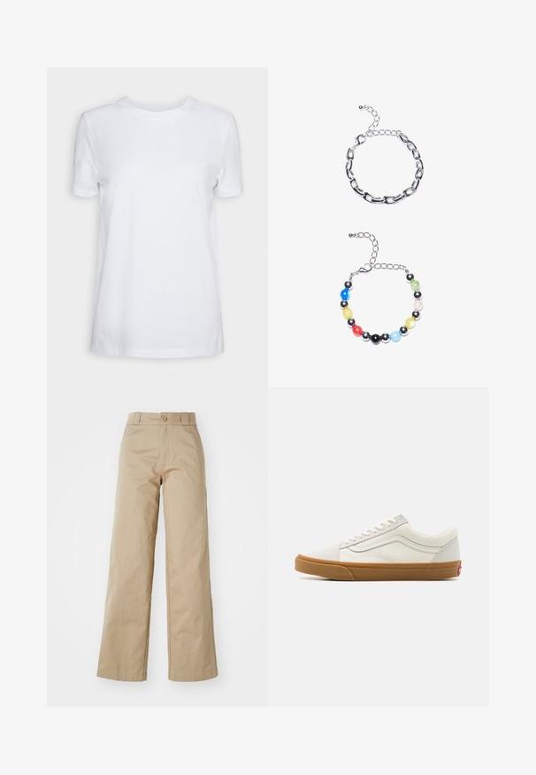 Biele tričko s krátkym rukávom vyrobené z bavlny. Dizajn s okrúhlym výstrihom, s hladkou textúrou a bez viditeľných vzorov alebo akcentov. Základný štýl.; Béžové široké nohavice vyrobené z bavlny, vybavené zapínaním na gombík a pútkami na opasok, s hladkou textúrou a čistým dokončením.; Biele plátenné nízke tenisky s gumovou podrážkou, okrúhlou špičkou, šnurovaním a bočnými koženými pruhmi.; Strieborný náramok z reťazí s predĺženými článkami navrchu. Dole je farebný náramok z korálok s čiernymi, modrými, zelenými, žltými, červenými a priehľadnými korálkami.