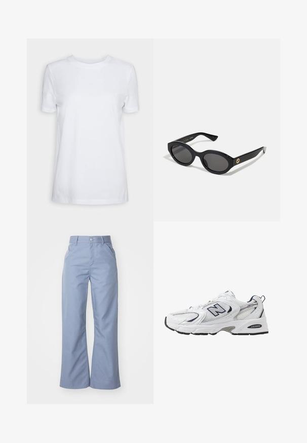 Bijela kratka majica s kratkim rukavima od pamuka. Dizajn s okruglim izrezom, glatke teksture i bez vidljivih uzoraka ili naglasaka. Osnovni stil.; Svijetloplave hlače širokog kroja od glatke mješavine pamuka, s prednjim džepovima i zakopčavanjem na dugme u struku.; Bijela atletska cipela s mrežastim gornjim dijelom, mornarskim akcentima i podstavljenim potplatom. Sadrži "N" logo, vezice i teksturirani detalj sa strane.; Crne ovalne sunčane naočale s tamnim staklima i sjajnim plastičnim okvirom. Sadrže zlatni logotip na sljepoočnici, što pruža elegantan i moderni dizajn.