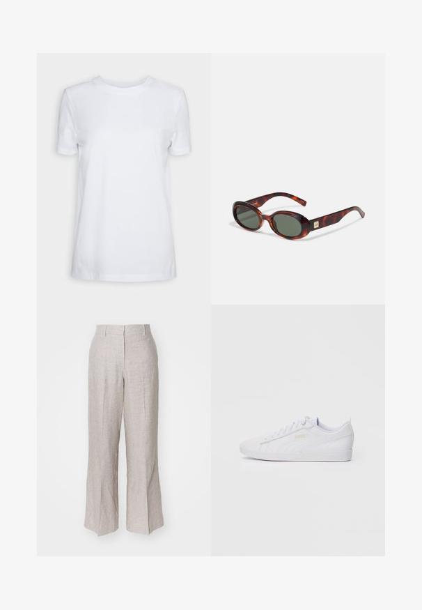 Valge lühikeste varrukatega T-särk, mis on valmistatud puuvillast. Ümmargune kaelus, sile tekstuur ja ilma nähtavate mustrite või aktsentideta. Üksikasjalik stiil.; Heledad beez linaskangad, kõrge vöökoht, laiad sääred ja ees olevad voldid. Sile tekstuur ja minimalism, sobib igapäevaseks kandmiseks.; Valged madalad Puma tossud, mis on varustatud nööridega esiosas, diskreetse brändingu ka külgedel ja tallal ning sujuva sünteetilise ülemise osaga igapäevaseks kandmiseks.; Kilpkonnakilbi päikeseprillid tumedate objetsidega, ovaalse kujuga ja laia varrega. Küljel on väike kuldne aksessuaar. Sile plastmaterjal.