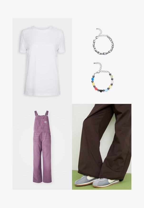 T-shirt blanc à manches courtes en coton. Design col rond avec une texture lisse et sans motifs ni accents visibles. Style basique.; Salopette en denim violet avec bretelles réglables, poche frontale et jambes larges. Le matériau présente une légère texture ; la quincaillerie est dotée de clips en métal argenté.; Pantalons larges marron avec une texture lisse et des détails sur les coutures latérales, accompagnés de baskets rétro grises et blanches avec une semelle en caoutchouc.; Bracelet en chaîne argentée avec des maillons allongés en haut. En dessous, un bracelet coloré en perles avec des perles noires, bleues, vertes, jaunes, rouges et transparentes.