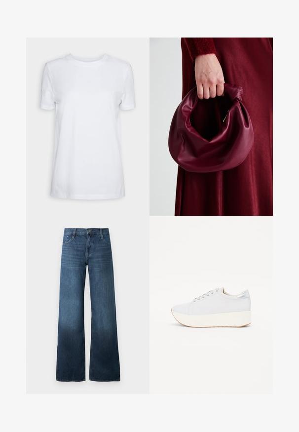 Weißes T-Shirt mit kurzen Ärmeln aus Baumwolle. Rundhalsausschnitt mit glatter Textur und ohne sichtbare Muster oder Akzente. Schlichte Stil.; Dunkelblaue Schlagjeans aus Denim, mit hoher Taille, fünftaschen Design und subtiler Ausbleichung am Saum. Standard Knopfverschluss.; Hellgraue Sneaker mit Plateausohle. Verfügt über ein Obermaterial aus glattem Stoff, eine runde Zehenpartie und silberne Akzente an der Ferse und den Ösen.; Burgunderleder-Handtasche mit einem weichen, gerafften Design und einer gerundeten Form. Der Griff ist gesichert und zeigt eine glatte Textur.