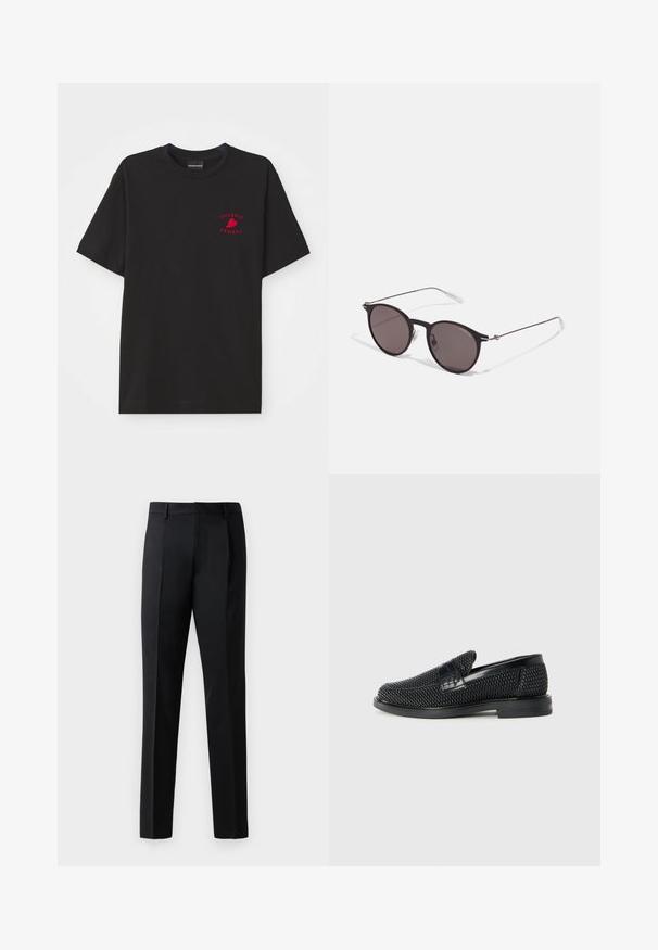 Schwarzes Baumwoll-T-Shirt mit Rundhalsausschnitt und kurzen Ärmeln; mit rotem gesticktem "Emporio Armani"-Logo und Herz im Brustbereich.; Schwarze formelle Hosen aus einem glatten Stoff, mit geradem Bein, vorderen Falten und einem klassischen Bund ohne Verzierungen.; Schwarzer geflochtener Slipper mit einem glatten Lederakzent im Obermaterial, einem runden Zehendesign und einer flachen Gummisohle.; Schwarze runde Sonnenbrille mit dunklen Gläsern und schlanken Metallbügeln. Enthält klare Tempelspitzen und silberne Akzente am Scharnier. Minimalistisches Design.