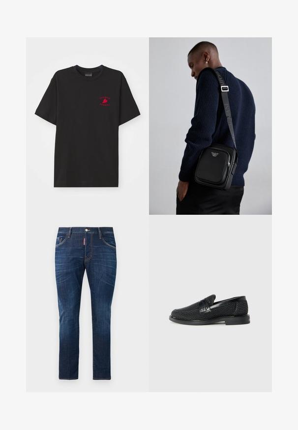 Black cotton t-shirt with a round neck and short sleeves; features red embroidered "Emporio Armani" logo and heart on the chest area.; Dark blue denim jeans with a slim fit, featuring five pocket design, contrast stitching, and a metal button closure.; Black woven slip-on shoe with a smooth leather accent on the upper, a round toe design, and a low-profile rubber sole.; Black leather crossbody bag with a zippered compartment, logo detail, and a branded adjustable strap. Worn against a textured navy sweater.