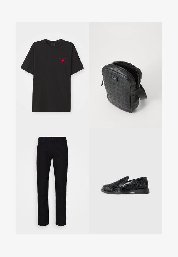 Black cotton t-shirt with a round neck and short sleeves; features red embroidered "Emporio Armani" logo and heart on the chest area.; Emporio Armani POCKETS PANT - Slim fit jeans - black; Black woven slip-on shoe with a smooth leather accent on the upper, a round toe design, and a low-profile rubber sole.; Black, textured leather bag with a geometric pattern, rectangular shape, top zipper, and a short handle. Features a logo patch on the front.