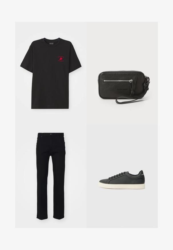 Mustas puuvillane t-särk ümarate kaelustega ja lühikeste varrukatega; rinnal on punane brodeeritud "Emporio Armani" logo ja süda.; Mustast denimist valmistatud sirge jala disainiga teksad, viie taskuga, esise välikinnisega ja peente õmblusdetailidega. Sile tekstuur.; Mustmustest musta poolprofiiliga, ümmargune varvas ja paeltega sulgemine; omab tekstureeritud kummist tallat ja logo detaili kontsa peal.; Must musta nahk-käekott tekstureeritud pinnaga, ees suure tõmblukuga tasku ja eemaldatav randmepael. Esiküljel on logo-patch. Ristkülikukujuline.