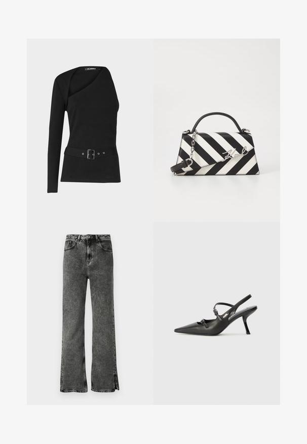 Top negro de manga larga con escote asimétrico y cintura ajustada, que presenta un diseño con cinturón y detalle de hebilla metálica.; Vaqueros negros acampanados con un lavado desvaído, talle alto y aberturas laterales en el bajo. Hechos de mezclilla con una textura suave y un diseño clásico de cinco bolsillos.; Tacones slingback de cuero negro con punta afilada, tacón delgado y detalle decorativo de hebilla en la parte superior. Textura suave y diseño elegante.; Bolso de mano a rayas en blanco y negro con una forma estructurada, que cuenta con un asa superior, una correa de cadena desmontable y un acento de logo metálico.