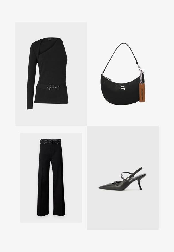 Top negro de manga larga con escote asimétrico y cintura ajustada, que presenta un diseño con cinturón y detalle de hebilla metálica.; Pantalones de pierna ancha negros de algodón con frente plano y cinturón con tachuelas en contraste. Presentan un corte recto y bolsillos laterales.; Tacones slingback de cuero negro con punta afilada, tacón delgado y detalle decorativo de hebilla en la parte superior. Textura suave y diseño elegante.; Bolso de mano de cuero negro con textura granulada, forma curvada, cierre superior con cremallera, herrajes plateados y una etiqueta marrón. Presenta un acento con el logotipo.