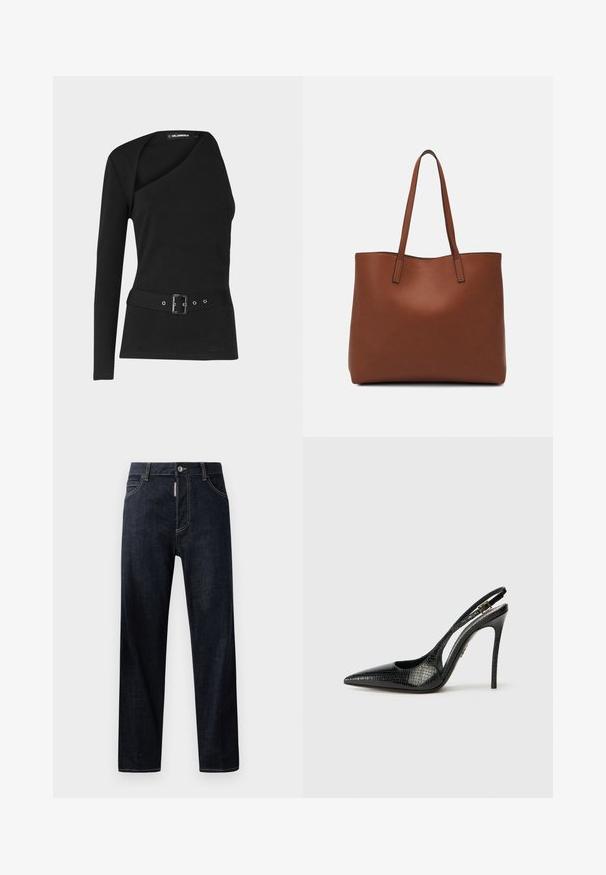 Top negro de manga larga con escote asimétrico y cintura ajustada, que presenta un diseño con cinturón y detalle de hebilla metálica.; Jeans de mezclilla azul oscuro con corte recto, con cierre de botón, presillas para cinturón y costuras claras en contraste. Sin diseños ni patrones.; Zapato de tacón tipo slingback negro con punta afilada, patrón de serpiente texturizado, tacón de aguja y una hebilla decorativa en la correa.; Bolso tote de cuero marrón con una textura suave, diseño de apertura superior y dos correas para el hombro. Presenta una costura mínima y sin herrajes visibles.