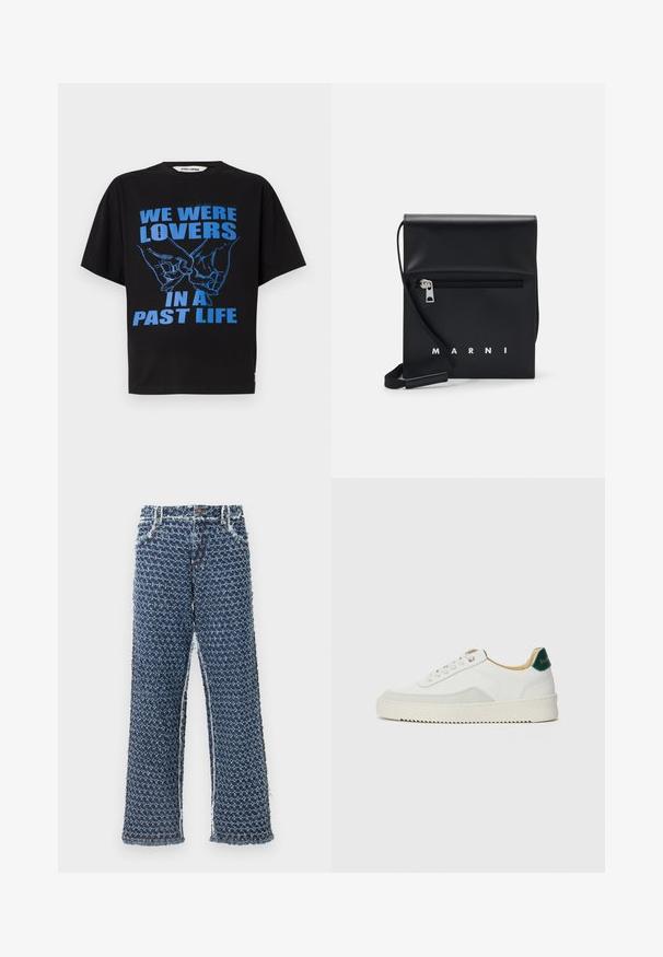 Black cotton t-shirt with short sleeves, featuring blue text and an illustration of two hands forming a heart gesture.; Denim wide-leg trousers feature a textured blue material with a patterned design. Edges are frayed, and there are five pockets and metal hardware.; White sneaker with suede accents, rounded toe, flat laces, and a cream rubber sole. Features green branding on the heel.; Black leather crossbody bag with a zippered front pocket, embossed logo, and adjustable strap. Smooth texture with a structured shape.