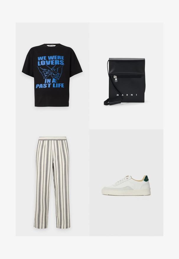 Schwarzes Baumwoll-T-Shirt mit kurzen Ärmeln, versehen mit blauer Schrift und einer Illustration von zwei Händen, die eine Herzhaltung bilden.; Gestreifte Hosen in einem hellen Creme-Ton mit dünnen grauen vertikalen Streifen. Sie besitzen einen elastischen Bund und einen geraden Schnitt.; Weiße Sneaker mit Wildlederelementen, runder Zehenpartie, flachen Schnürsenkeln und einer cremefarbenen Gummisohle. Mit grünen Markenlogo am Fersenbereich.; Schwarze Leder-Crossbody-Tasche mit einer Reißverschlusstasche vorne, geprägtem Logo und verstellbarem Tragegurt. Glatte Oberfläche mit strukturierter Form.