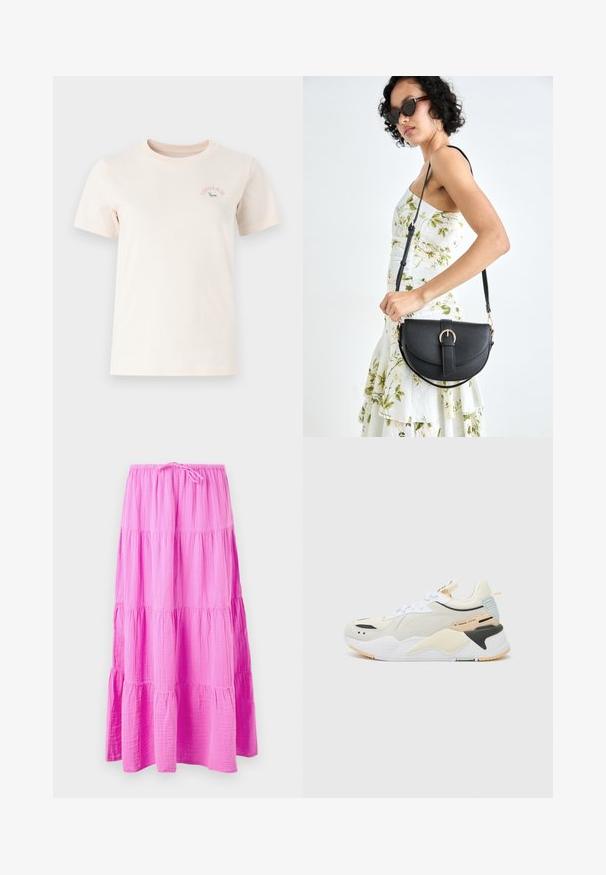 Short-sleeve, light beige cotton t-shirt with a round neckline, featuring a pink "Converse" logo and a green graphic on the chest.; Long, tiered skirt in bright pink, made of soft, textured fabric. Features an elastic waistband with a drawstring for adjustable fit.; White athletic shoe with a combination of textured materials. Features pale yellow accents, black detailing, and a light blue heel tab.; Black leather handbag with a curved shape, detachable strap, and gold hardware. The bag features a flap with a buckle detail.
