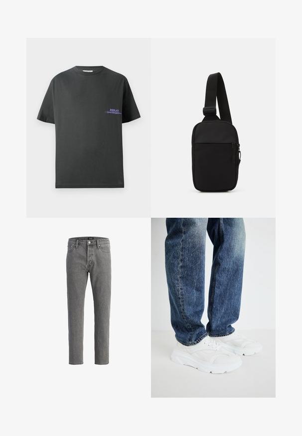 Mörkgrå bomulls-t-shirt med rund halsringning. Har en liten lila tryck på vänster bröst som säger "REPLAY." Korta, raka ärmar.; Grå denimjeans med rak passform, femficksdesign och metallknäppning. Tyget har en mjuk, strukturerad yta.; Vit sportskor med texturerade paneler och en tjock sula, i kombination med blå denimjeans med en urtvättad finish och rak benlöngd.; Svart axelväska gjord av slitstarkt tyg, med en justerbar rem, ett zip-försett huvudfack och en framficka.