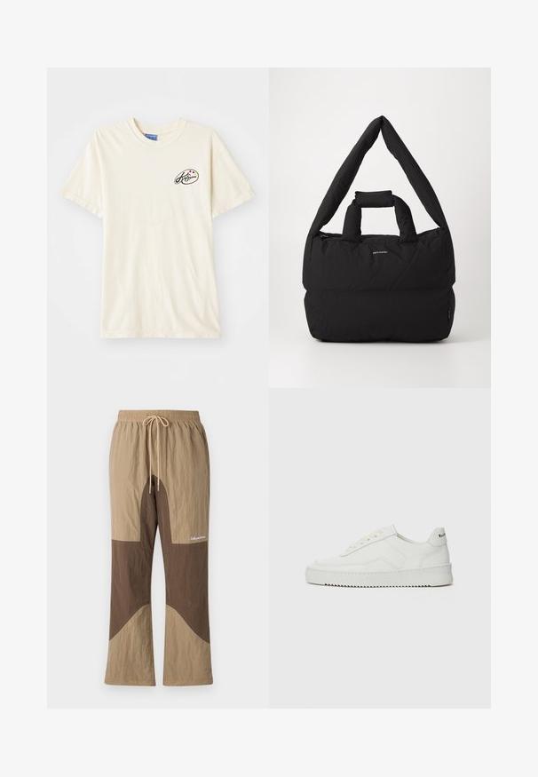 Kreminės spalvos medvilninė marškinė su apvalia iškirpte ir trumpomis rankovėmis. Kairiajame krūtinės šone yra mažas juodas logotipas ir spalvoti taškai.; Rudos ir tan spalvų blokuoti džinsai su elastingu diržu, virvute ir tekstiniu logotipu. Pagaminti iš tekstūruoto audinio, su laisvu siluetu.; Balti odiniai sportiniai bateliai su lygia apdaila, apvaliu pirštu, plokščiais raišteliais ir tekstūruotu padu. Pasižymi subtiliu logotipu ant kulno.; Juodas paminkštintas krepšys su plačia, minkšta petneša ir viršutine rankena. Sukurtas su užtrauktuku ir subtiliu logotipu priekyje.