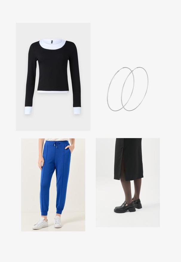 Zwarte top met lange mouwen en een geribbelde textuur, met een witte ronde hals en manchet. Het ontwerp is aangesloten en cropped op de taille.; Jimmy Key HIGH WAIST JOGGER - Trainingsbroek - blue; Zwarte leren schoenen met een ronde neus, dikke blokhak en elastische zijkanten, gecombineerd met donkere panty's en een zwarte rok met een split.; Zilveren hoepel oorbellen met een minimalistisch ontwerp. Cirkelvormig, gladde textuur en dun profiel. Lichtgewicht met een gepolijste afwerking.