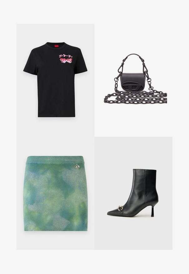 Čierne bavlnené tričko s krátkymi rukávmi s ružovou grafikou slnečných Okulárov a textom "Nie som tvoja dievčina" na ľavej strane hrudníka.; Pletená mini sukňa v gradientných odtieňoch akvamarínovej a zelenej, s jemným leskom a vyšívaným logom na páse.; Čierna kožená členková obuv s špicatou špičkou, štíhlým stredne vysokým podpätkom a striebornou sponou na boku na jednoduchom pozadí.; Malá čierna kabelka vyrobená z hladkej kože, so zaobleným tvarom, predným logom a textúrovaným reťazovým popruhom.