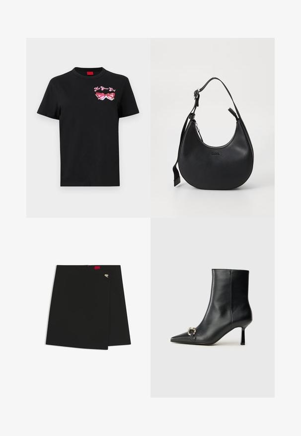 Čierne bavlnené tričko s krátkymi rukávmi s ružovou grafikou slnečných Okulárov a textom "Nie som tvoja dievčina" na ľavej strane hrudníka.; Čierna sukňa s návinom a hladkým povrchom, so červeným logom a strieborným kovovým detailom. Jednoduchý dizajn s čistými líniami.; Čierna kožená členková obuv s špicatou špičkou, štíhlým stredne vysokým podpätkom a striebornou sponou na boku na jednoduchom pozadí.; Čierna kožená taška cez rameno s vyklenutým tvarom, so zipsovým uzáverom a nastaviteľným popruhom. Na prednej strane je vyrazené logo značky.