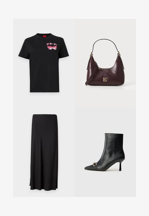 Čierne bavlnené tričko s krátkymi rukávmi s ružovou grafikou slnečných Okulárov a textom "Nie som tvoja dievčina" na ľavej strane hrudníka.; Čierna dlhá sukňa vyrobená z hladkej látky, so štíhlou siluetou a bočnými rozparkami pre pohodlný pohyb. Jednoduchý dizajn bez vzorov alebo akcentov.; Čierna kožená členková obuv s špicatou špičkou, štíhlým stredne vysokým podpätkom a striebornou sponou na boku na jednoduchom pozadí.; Bordový kožený kabelka s zakriveným tvarom, zlaté akcenty na hardvéri a zipsovým uzáverom. Obsahuje odnímateľný ramenný popruh.