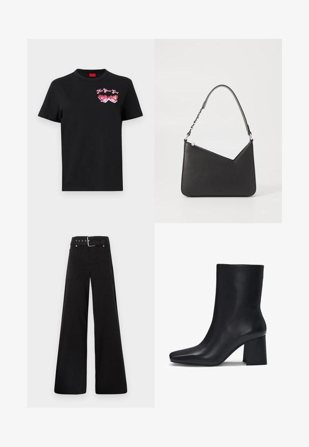T-shirt in cotone nero con maniche corte, caratterizzato da una grafica rosa di occhiali da sole e la scritta "Non tua ragazza" sulla parte sinistra del petto.; Pantaloni neri a gamba larga realizzati in cotone, con vita alta, ampie tasche laterali e vita con cintura arricchita da dettagli in metallo argentato.; HUGO ARIEL NAPU - Stivaletti - black; Borsa a mano in pelle nera con forma triangolare, una tracolla sottile e accessori in argento. Presenta una chiusura con zip e un logo impresso sul davanti.