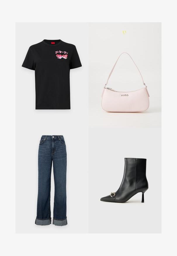 Juodas medvilnės marškinėliai su trumpomis rankovėmis, kuriuose kairėje krūtinės pusėje pavaizduoti rožiniai akinių grafiką ir tekstas "Ne tavo mergina".; Aukštai juosmeniški plačiai kojomis džinsai tamsiai mėlynos spalvos, su kontrastingomis siūlėmis, sulenktais aptempimais ir klasikinio penkių kišenių dizainu.; Juodas odinis apavas iki kulkšnies su smailiu nosiu, plonu vidutinio aukščio kulnu ir sidabriniu sagties akcentu šone, prieš paprastą foną.; Rožinės odos rankinės su išlenkta forma, užtrauktuku uždarymu ir petine juosta. Priekyje yra sidabrinis logotipas.