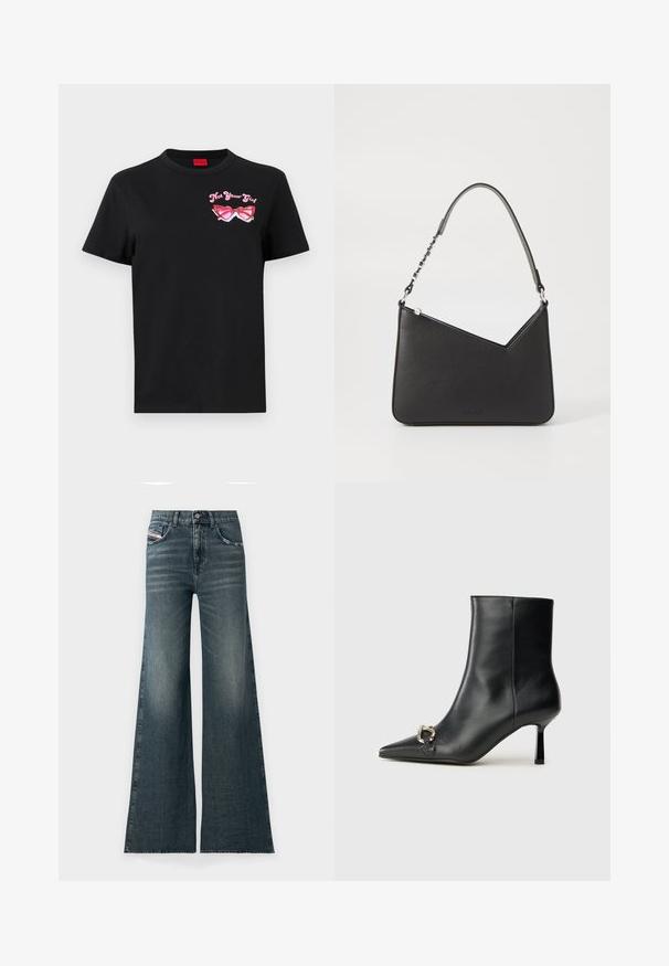 Juodas medvilnės marškinėliai su trumpomis rankovėmis, kuriuose kairėje krūtinės pusėje pavaizduoti rožiniai akinių grafiką ir tekstas "Ne tavo mergina".; Plačiako kelnes tamsiai mėlynos džinsinės medžiagos su šiek tiek nublukusiu paviršiumi, su priekinėmis kišenėmis ir mygtuko užsegimu juosmenyje.; Juodas odinis apavas iki kulkšnies su smailiu nosiu, plonu vidutinio aukščio kulnu ir sidabriniu sagties akcentu šone, prieš paprastą foną.; Juodos odos rankinė trikampio formos, su siauru dirželiu ir sidabriniais aksesuarais. Yra užtrauktuko uždarymas ir iškilmingas logotipas priekyje.