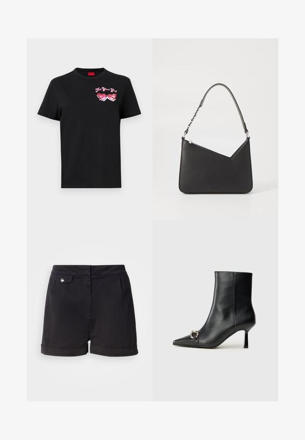 Black cotton t-shirt with short sleeves featuring a pink graphic of sunglasses and text "Not Your Girl" on the left chest area.; Black shorts with a tailored design, featuring a front pocket, a decorative button, pleats, and rolled hems for a clean finish.; Black leather ankle boot with pointed toe, slim mid-height heel, and silver buckle detail on side against plain background.; Black leather handbag with a triangular shape, a slim strap, and silver hardware. Features a zip closure and embossed logo on the front.