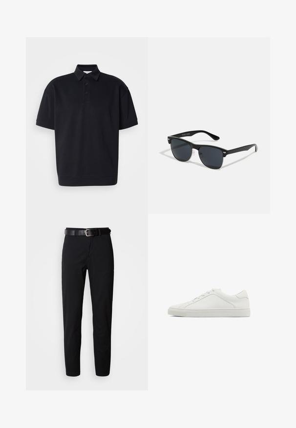 Black polo shirt made of cotton-blend fabric, featuring a pointed collar, three-button placket, and short sleeves. Simple design with a relaxed fit.; Black trousers with a straight cut, featuring a smooth texture and a black leather belt with a silver buckle. Simple design, no patterns or accents.; White leather sneaker with rounded toe, flat outsole, and minimalistic design. Features six eyelets and a subtle seam detail on the side.; Black sunglasses with a rectangular shape, dark lenses, silver accents at the temples, and a matte finish on the frame.