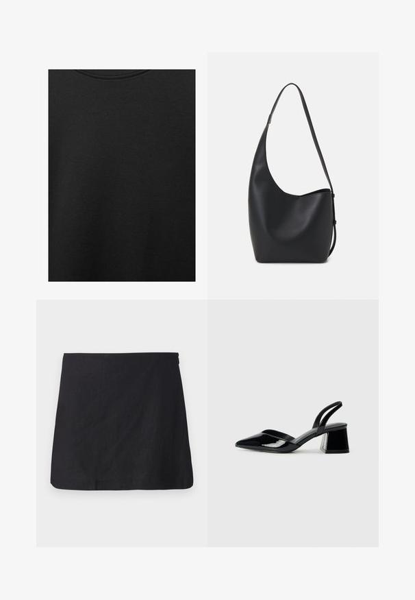 Schwarzer Baumwollstoff mit glatter Textur und Rundhalsausschnitt, der ein dezentes, gleichmäßiges Strukturmuster aufweist. Keine sichtbaren Logos oder Akzente.; Schwarzer Leinen-Minirock mit geradem Schnitt, sauberem Saum und subtiler Textur. Verfügt über einen seitlichen Reißverschluss zum Verschließen.; Schwarze Lackleder-Slingback-High Heels mit spitzem Schuh und einem geometrischen Blockabsatz. Verfügt über ein schlankes, minimalistisches Design und eine glatte Textur.; Schwarze Leder-Hobo-Tasche mit einer glatten Textur, geschwungener Form und einem einzelnen verstellbaren Tragegurt; verfügt über eine weite Öffnung am oberen Ende.