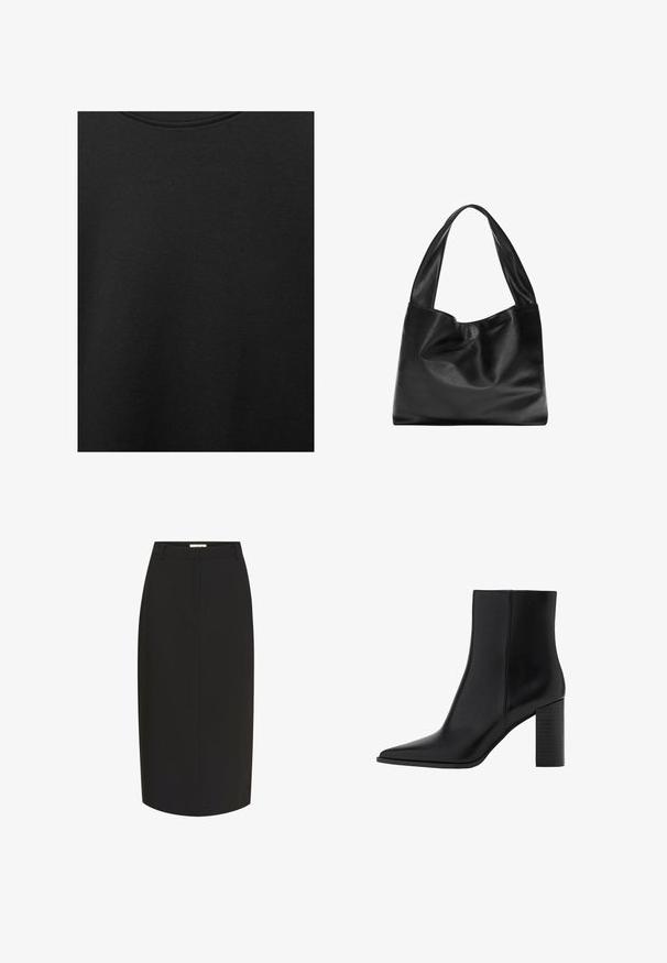 Černá bavlněná tkanina s hladkým povrchem a kulatým výstřihem, s jemným, rovnoměrným zrnem. Žádné viditelné loga ani akcenty.; Černá tužková sukně z hladké látky. Má přiléhavý střih, středně dlouhý střih, poutka na pásek a skryté zapínání na zip na zadní straně.; Černé kožené kotníkové boty s špičatou špičkou, čtveratým podpatkem, hladkou texturou a švy podél spojů. Výška podpatku je přibližně 8,9 centimetrů.; Černá kožená taška přes rameno s měkkým, volným designem, širokými uchy a hladkým povrchem. Žádné viditelné kovové doplňky nebo ozdoby.