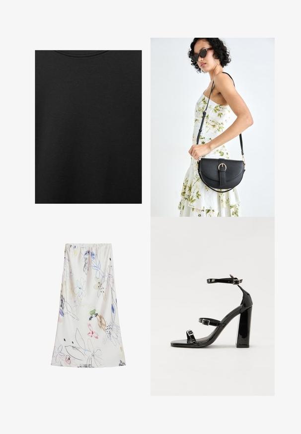 Tissu en coton noir avec une texture lisse et un col rond, présentant un motif grainé subtil et uniforme. Pas de logos ou d'accents visibles.; Desigual WITH STROKES - Jupe longue - beige; Sandales à talons vernies noires avec un bout carré, des sangles autour de la cheville et des boucles en argent. Dotées d'un talon bloc épais pour plus de stabilité.; Sac à main en cuir noir avec une forme courbée, bandoulière amovible et des accessoires en or. Le sac est doté d'un rabat avec un détail de boucle.