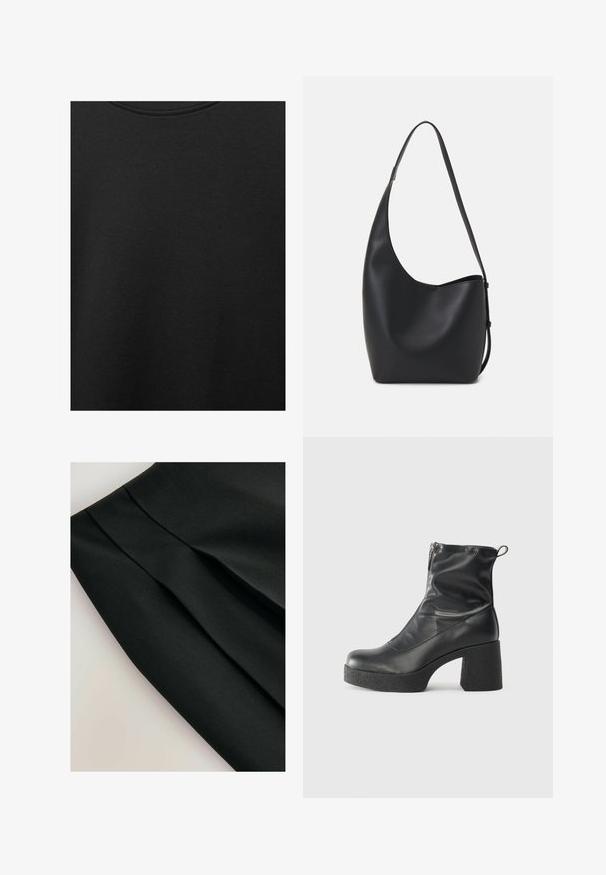 Tessuto di cotone nero con una texture liscia e scollatura rotonda, caratterizzato da un motivo a grana sottile e uniforme. Nessun logo o accento visibile.; Gonna nera con pieghe, realizzata in un tessuto liscio. Presenta un design pulito e una superficie strutturata, enfatizzando la forma e la struttura.; Stivali neri alla caviglia in pelle liscia, con zip laterale, tacco spesso e texture, e punta arrotondata.; Borsa hobo nera in pelle con una superficie liscia, forma curvata e una singola tracolla regolabile; presenta un'ampia apertura nella parte superiore.