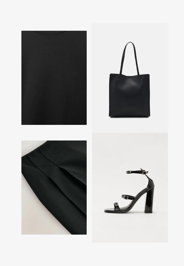 Tissu en coton noir avec une texture lisse et un col rond, présentant un motif grainé subtil et uniforme. Pas de logos ou d'accents visibles.; Jupe noire plissée, faite d'un tissu doux. Présente un design épuré et une surface texturée, mettant en valeur la structure et la forme.; Sandales à talons vernies noires avec un bout carré, des sangles autour de la cheville et des boucles en argent. Dotées d'un talon bloc épais pour plus de stabilité.; Sac fourre-tout en cuir noir avec une texture lisse, de forme rectangulaire et deux longues poignées. Pas de matériel ou d'ornementations visibles.