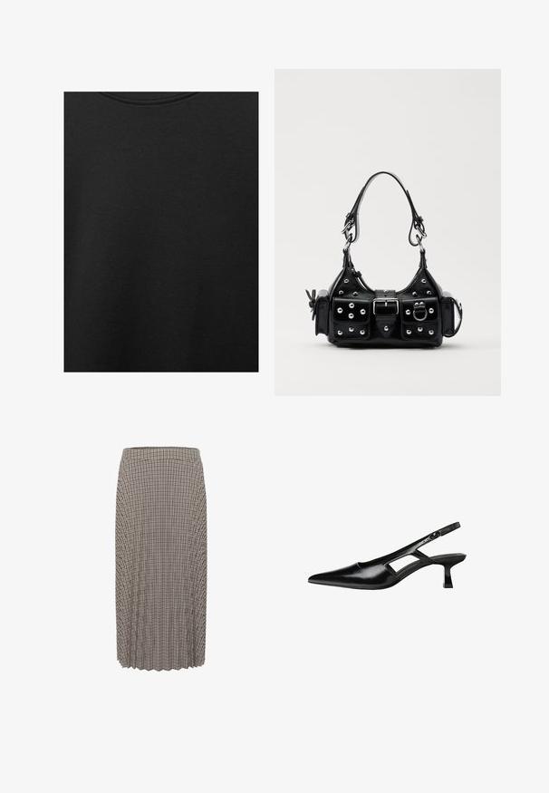 Crni pamučni materijal s glatkom teksturom i okruglim izrezom, s nježnim, ravnomjernim uzorkom. Nema vidljivih logotipa ili akcenata.; plisirana midi suknja u crno-bijelom kariranom uzorku. Ima pojas i teksturirani materijal s ravnim krojem.; Crne lakirane natikače na remenčić sa špicastim nosom, dizajnom sa izrezima sa strane i malim kvadratnim potplatom. Glatka tekstura s minimalnim akcentima.; Crna kožna torba s zakrivljenim dizajnom, koja sadrži srebrne zakovice, kopču i dva bočna džepa. Podesiva traka za različite opcije nošenja.