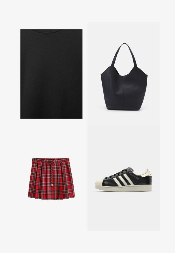Țesătură de bumbac neagră cu o textură netedă și un guler rotund, având un model de granulație subtil și uniform. Fără logo-uri sau accente vizibile.; Fustă plisată cu carouri roșii, cu un model de țesătură în carouri alb și negru și un șnur împletit la talie elastică.; Sneaker din piele neagră cu dungi albe, vârf din cauciuc, șireturi negre și talpă de culoare crem. Textură netedă cu finisaj strălucitor.; Geantă de umăr neagră, realizată din piele netedă, cu un design minimalist, având un vârf deschis curbat și două mânere pentru umăr.
