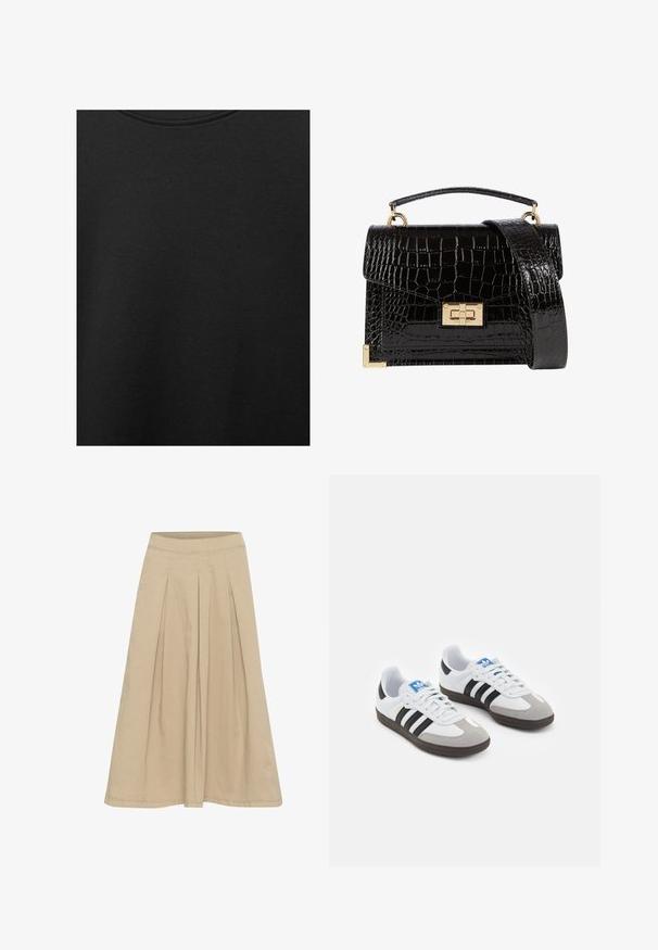 Tessuto di cotone nero con una texture liscia e scollatura rotonda, caratterizzato da un motivo a grana sottile e uniforme. Nessun logo o accento visibile.; Gonna plissettata beige con una texture liscia, design a lunghezza ginocchio e vita aderente. Realizzata in tessuto leggero con dettagli di cucitura sottili.; Scarpe sportive con tomaia in pelle bianca, punta in suede grigia e tre strisce nere. Presentano un logo blu sulla linguetta e una suola in gomma testurizzata.; Borsa a tracolla nera in pelle verniciata con texture a coccodrillo, hardware dorato, manico superiore e una tracolla removibile. Forma rettangolare con chiusura a patta.