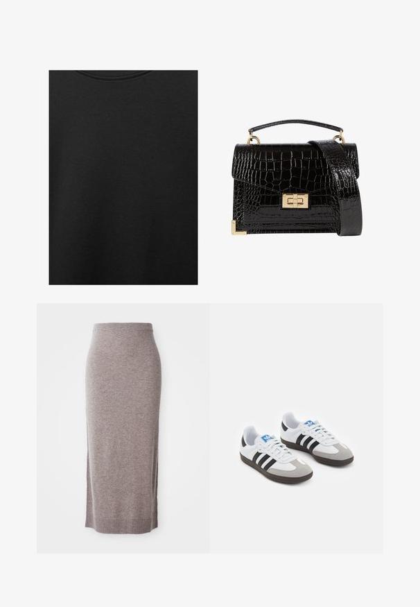 Black cotton fabric with smooth texture and a round neckline, featuring a subtle, even grain pattern. No visible logos or accents.; Kneelength, taupe knit pencil skirt with ribbed waistband and hem, featuring side slits for added comfort and style.; Sport shoes with a white leather upper, gray suede toe, and three black stripes. Features a blue logo on the tongue and a textured rubber sole.; Black patent leather handbag with a crocodile texture, gold hardware, a top handle, and a detachable shoulder strap. Rectangular shape with a flap closure.
