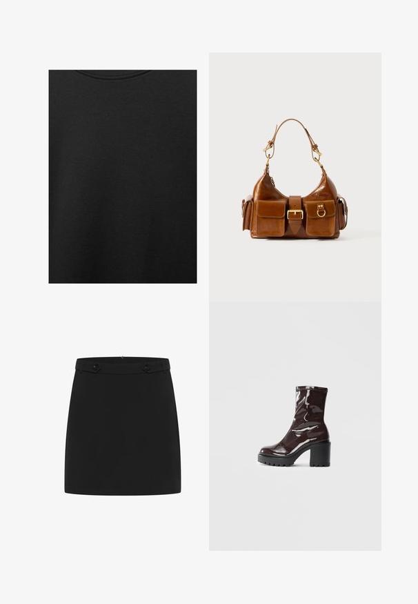 Schwarzer Baumwollstoff mit glatter Textur und Rundhalsausschnitt, der ein dezentes, gleichmäßiges Strukturmuster aufweist. Keine sichtbaren Logos oder Akzente.; Schwarzer Minirock aus glattem Stoff, der ein einfaches Design mit flachem Bund und zwei dekorativen Knopfakzenten an der Vorderseite aufweist.; Glatte bordeauxrote Ankle Boots mit einem klobigen schwarzen Absatz, die eine glatte Oberfläche und ein einfaches Design aufweisen. Keine sichtbaren Verschlüsse oder Muster.; Braune Lederhandtasche mit geschwungener Form, doppelter goldfarbener Hardware, zwei Fronttaschen und einem breiten Tragegurt. Glatte Textur mit elegantem Finish.