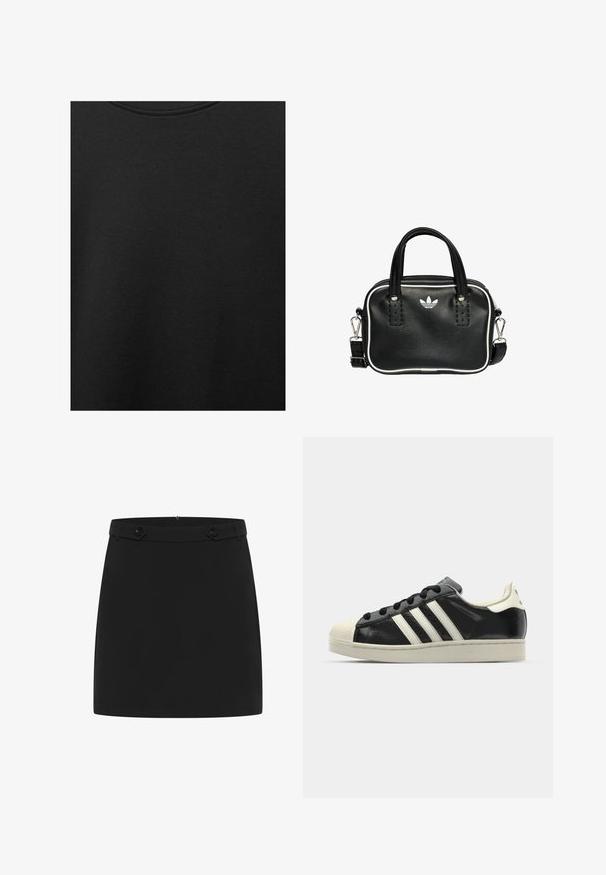 Tissu en coton noir avec une texture lisse et un col rond, présentant un motif grainé subtil et uniforme. Pas de logos ou d'accents visibles.; Jupe mini noire en tissu lisse présentant un design simple, une taille plate et deux accents de boutons décoratifs à l'avant.; Baskets en cuir noir avec des rayures blanches, embout en caoutchouc, lacets noirs et semelle extérieure crème. Texture lisse avec une finition brillante.; Sac à main en cuir noir avec deux poignées courtes, quincaillerie argentée, accents blancs et un logo blanc. Présente une surface texturée et un design compact.