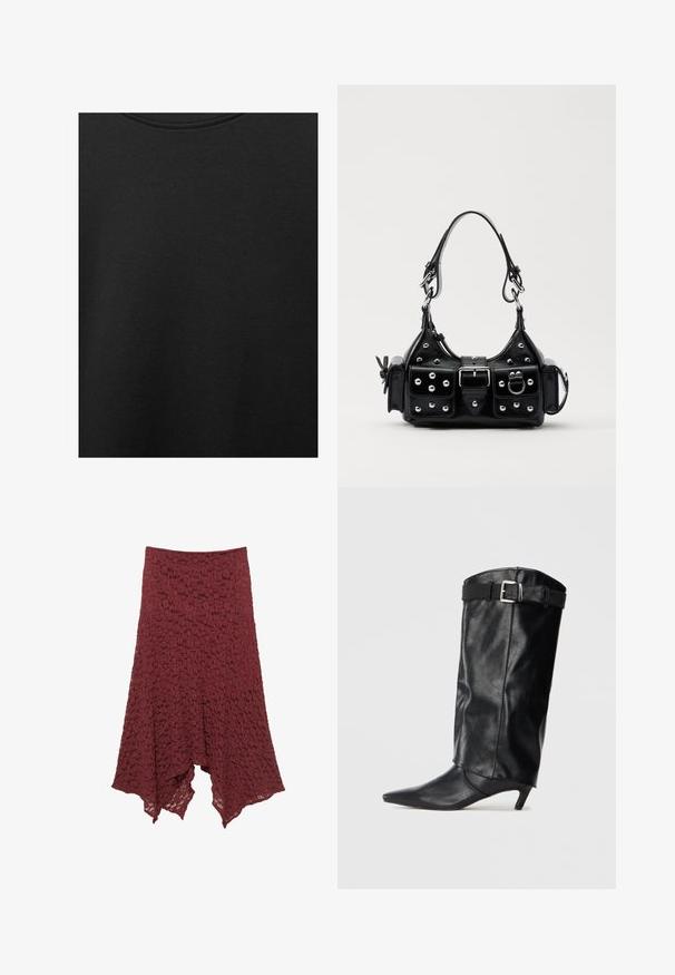 Czarna bawełniana tkanina o gładkiej teksturze i okrągłym dekolcie, z delikatnym, równomiernym wzorem włókna. Brak widocznych logo lub akcentów.; Bordowa koronkowa spódnica o rozkloszowanym kroju, z teksturowanym wzorem i asymetrycznym dołem, co nadaje jej lekki, zwiewny wygląd.; Czarne, skórzane kozaki do kolan z ostro zakończonym noskiem i małym obcasem. Posiadają pasek na górze z srebrną klamrą. Gładka faktura.; Czarna skórzana torebka w zakrzywionym kształcie, z srebrnymi ćwiekami, klamrą i dwoma bocznymi kieszeniami. Regulowany pasek umożliwiający różne opcje noszenia.