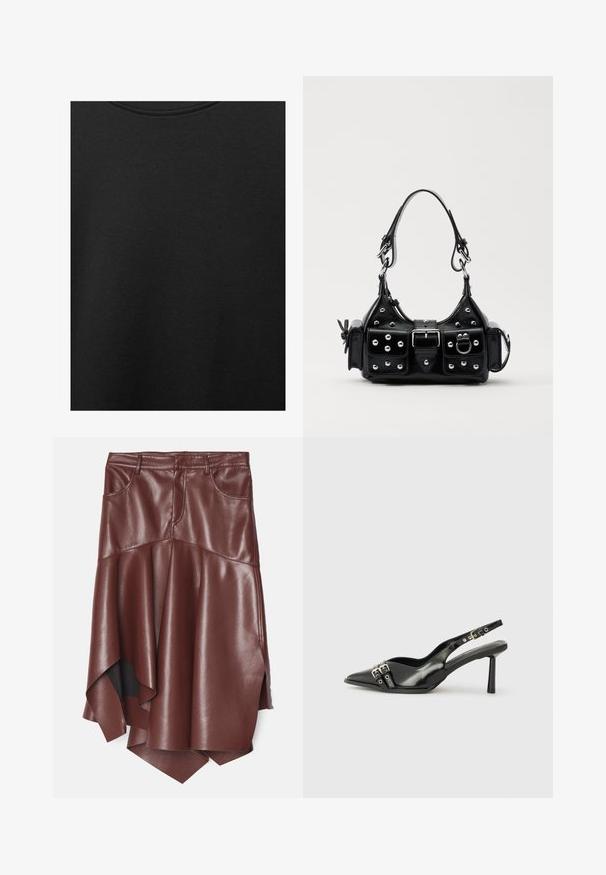 Černá bavlněná tkanina s hladkým povrchem a kulatým výstřihem, s jemným, rovnoměrným zrnem. Žádné viditelné loga ani akcenty.; Hnědá sukně z umělé kůže s volánovým, asymetrickým lemem, která má dvě přední kapsy a hladký, lesklý povrch.; Černá lakovaná slingback obuv s špičatou špičkou, kotníkovými pásky s kovovými sponami a příslušenstvím, a štíhlým podpatkem.; Černá kožená kabelka s křivkovým designem, zdobená stříbrnými hřebíky, s přezkou a dvěma bočními kapsami. Nastavitelný popruh pro různé možnosti nošení.