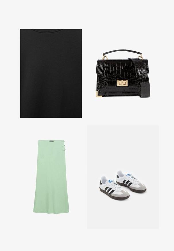 Tissu en coton noir avec une texture lisse et un col rond, présentant un motif grainé subtil et uniforme. Pas de logos ou d'accents visibles.; Jupe maxi vert clair en tissu lisse. Présente une coupe droite et trois boutons décoratifs sur le côté gauche.; Baskets avec une tige en cuir blanc, un bout en daim gris et trois bandes noires. Présente un logo bleu sur la languette et une semelle en caoutchouc texturée.; Sac à main en cuir verni noir avec une texture crocodile, quincaillerie dorée, une poignée supérieure et une bandoulière amovible. Forme rectangulaire avec une fermeture à rabat.