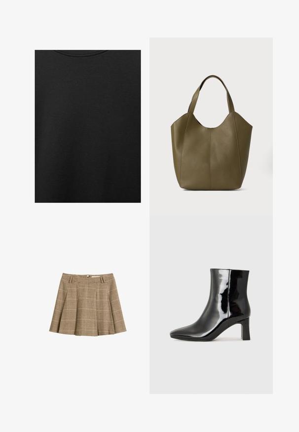 Tessuto di cotone nero con una texture liscia e scollatura rotonda, caratterizzato da un motivo a grana sottile e uniforme. Nessun logo o accento visibile.; Gonna a quadri marrone con design svasato, pieghe e una vita con passanti per la cintura. Realizzata in tessuto testurizzato con un motivo a scacchi.; Stivaletto in pelle verniciata nera con punta a punta e tacco a blocco di altezza media. Texture liscia e design minimalista.; Borsa tote in pelle verde oliva con doppio manico, texture liscia e design a quattro pannelli. Cuciture rinforzate lungo le cuciture per una maggiore durata.
