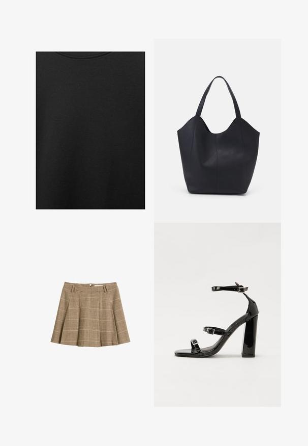 Schwarzer Baumwollstoff mit glatter Textur und Rundhalsausschnitt, der ein dezentes, gleichmäßiges Strukturmuster aufweist. Keine sichtbaren Logos oder Akzente.; Brauner kariertes Rock mit schwingendem Design, Falten und einem Bund mit Gürtelschlaufen. Hergestellt aus einem strukturierten Stoff mit einem Karomuster.; Schwarze patentierte Sandalen mit Absatz, quadratischer Spitze, Knöchelriemen und silbernen Schnallen. Mit einem stabilen Blockabsatz für mehr Stabilität.; Schwarze Tote-Bag aus glattem Leder, mit einem abgerundeten, offenen Oberteil, zwei Schulterträgern und einem minimalistischen Design.