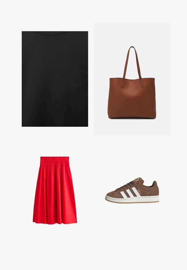 Svart bomullstyg med slät textur och rund halsringning, med ett subtilt, jämnt kornmönster. Inga synliga logotyper eller dekorationer.; Röd knäskjorta med elastisk midja, tillverkad av mjukt tyg, med en utställd design och utan synliga mönster eller detaljer.; Bruna mockaskor med vita läderremsor, gummisula, rund tå och snörning framtill. Har en logotyp på tungan och perforerade detaljer.; Brun läder tote-väska med en slät textur, öppen toppdesign och två axelremmar. Har minimal söm och ingen synlig metalldetalj.