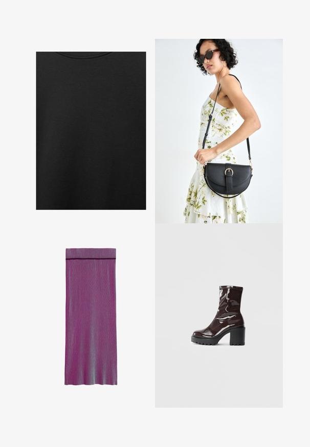 Schwarzer Baumwollstoff mit glatter Textur und Rundhalsausschnitt, der ein dezentes, gleichmäßiges Strukturmuster aufweist. Keine sichtbaren Logos oder Akzente.; Knielanger, plissierter Rock in verschiedenen Farbtönen von Lila und Blau. Hat einen einfarbigen Bund und ein vertikales Streifenmuster.; Glatte bordeauxrote Ankle Boots mit einem klobigen schwarzen Absatz, die eine glatte Oberfläche und ein einfaches Design aufweisen. Keine sichtbaren Verschlüsse oder Muster.; Schwarze Lederhandtasche mit geschwungener Form, abnehmbarem Tragegurt und goldenen Beschlägen. Die Tasche verfügt über einen Deckel mit einer Schnallen-Details.
