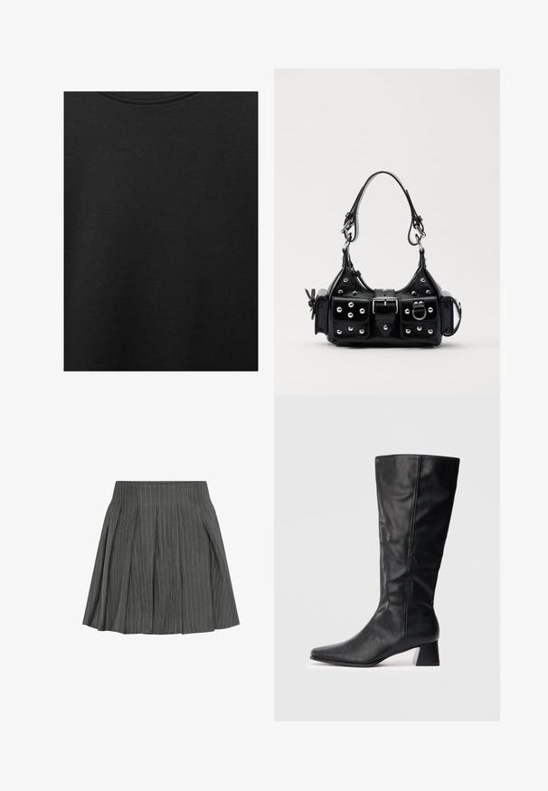 Crni pamučni materijal s glatkom teksturom i okruglim izrezom, s nježnim, ravnomjernim uzorkom. Nema vidljivih logotipa ili akcenata.; Moves LUCILLE - Plisirana suknja - castlerock; Crne kožne čizme do sredine lista s šiljastim vrhom i blok petom na jednostavnoj svijetloj pozadini.; Crna kožna torba s zakrivljenim dizajnom, koja sadrži srebrne zakovice, kopču i dva bočna džepa. Podesiva traka za različite opcije nošenja.
