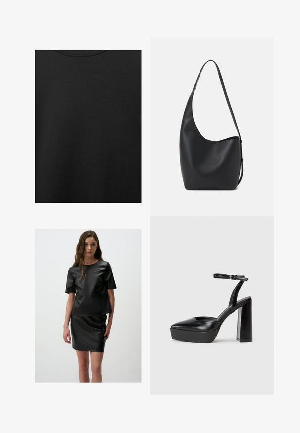 Schwarzer Baumwollstoff mit glatter Textur und Rundhalsausschnitt, der ein dezentes, gleichmäßiges Strukturmuster aufweist. Keine sichtbaren Logos oder Akzente.; Schwarzes Kunstleder-Zweiteiler-Set, bestehend aus einem kurzärmligen Oberteil und einem figurbetonten Rock. Glatte Textur mit sichtbaren Nähten und minimalistischer Gestaltung.; Schwarze Plateau-High Heels mit spitzem Zeh und verstellbarem Knöchelriemen. Gefertigt aus glattem Leder und mit einem klobigen Blockabsatz.; Schwarze Leder-Hobo-Tasche mit einer glatten Textur, geschwungener Form und einem einzelnen verstellbaren Tragegurt; verfügt über eine weite Öffnung am oberen Ende.