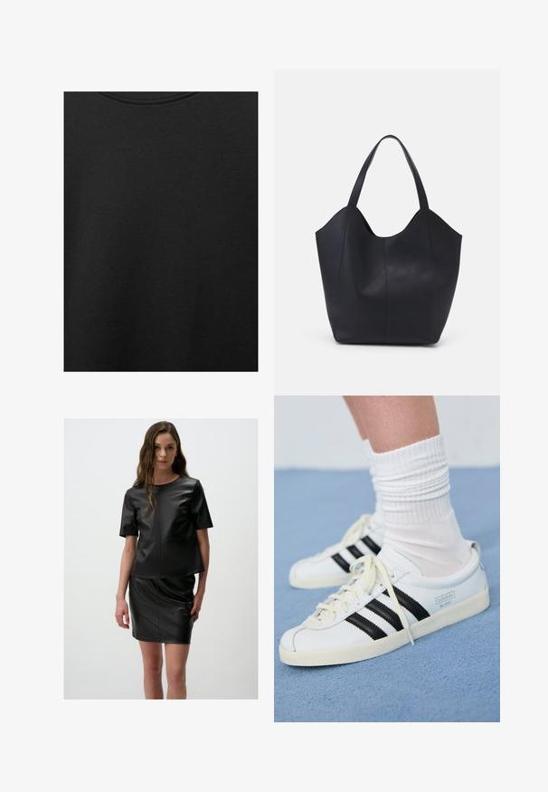 Zwarte katoen stof met een soepele textuur en een ronde halslijn, met een subtiele, gelijkmatige nerfpatroon. Geen zichtbare logo's of accenten.; Zwart fauxleren twee-delige set, bestaande uit een top met korte mouwen en een strakke rok. Soepele textuur met zichtbare naden en een minimalistisch ontwerp.; Witte leren sneakers met zwarte strepen, crèmekleurige zool en lichtkleurige veters. Draag met witte geribbelde sokken, gepositioneerd op een blauwe achtergrond.; Zwarte tote tas van glad leer, met een gebogen, open bovenkant en twee schouderbanden, en een minimalistisch ontwerp.