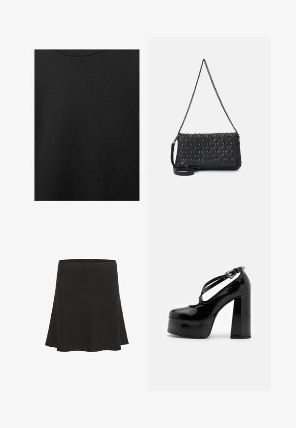 Tissu en coton noir avec une texture lisse et un col rond, présentant un motif grainé subtil et uniforme. Pas de logos ou d'accents visibles.; Jupe mini noire évasée en matériau doux avec une texture lisse et une large ceinture. Présente un design simple sans motifs ni accents.; The Kooples CHAUSSURES - Escarpins à talons hauts - black; Sac en cuir matelassé noir avec une bandoulière en chaîne, comportant des accents de crâne et une fermeture éclair. Surface texturée avec une finition brillante.
