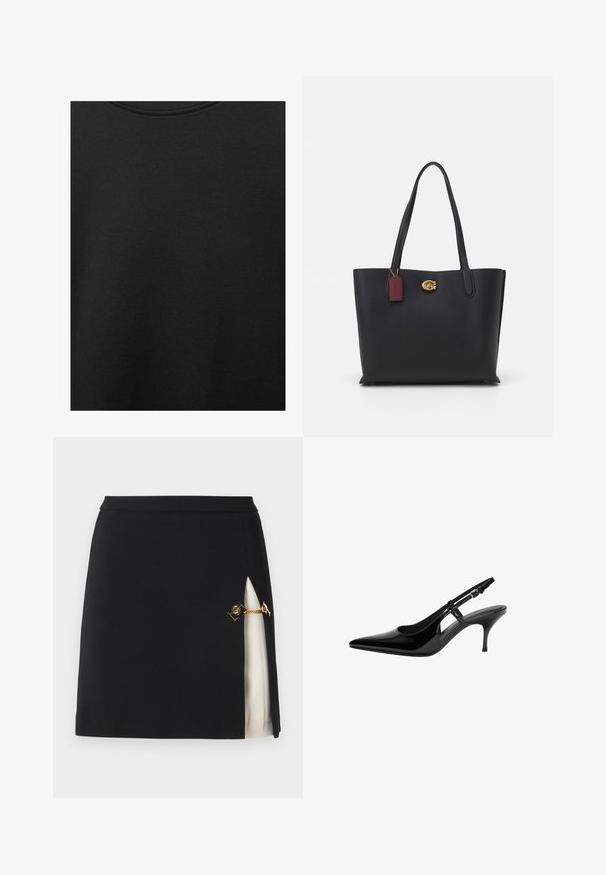 Țesătură de bumbac neagră cu o textură netedă și un guler rotund, având un model de granulație subtil și uniform. Fără logo-uri sau accente vizibile.; Fustă mini neagră cu o fante laterală care dezvăluie un strat de bază crem, având accesorii din lanțuri aurii și un material elegant, neted.; Pump slingback din piele lacuită neagră, cu vârf ascuțit, decupaje laterale deschise, toc subțire și curea ajustabilă pentru gleznă.; Geantă tote din piele neagră, cu două mânere lungi, finisaj texturat, accesorii aurii și un etichetă burgundă. Design spațios, cu deschidere pe partea de sus.