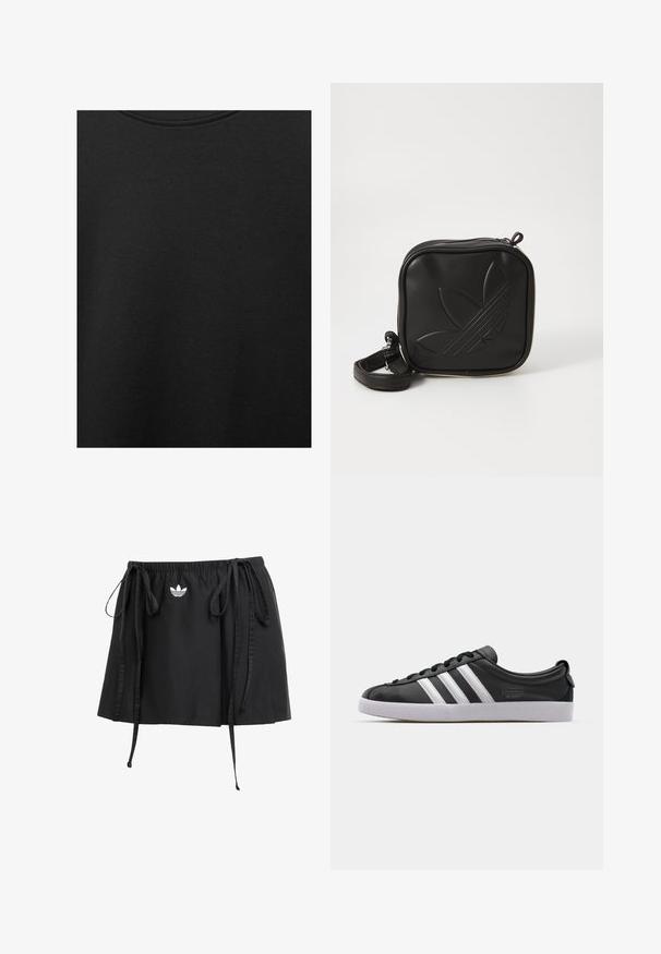 Černá bavlněná tkanina s hladkým povrchem a kulatým výstřihem, s jemným, rovnoměrným zrnem. Žádné viditelné loga ani akcenty.; Černá sportovní sukně s nastavovacími šňůrkami, s malým bílým logem vpředu. Vyrobena z lehkého materiálu s hladkou strukturou.; Černé kožené tenisky s bílým trojitým pruhovaným designem, kulatou špičkou, plochou bílou gumovou podrážkou a značkovým detailem na boku.; Černá crossbody taška vyrobená z texturovaného syntetického materiálu. Obsahuje embosované logo a nastavitelné popruhy. Zapínání na zip.